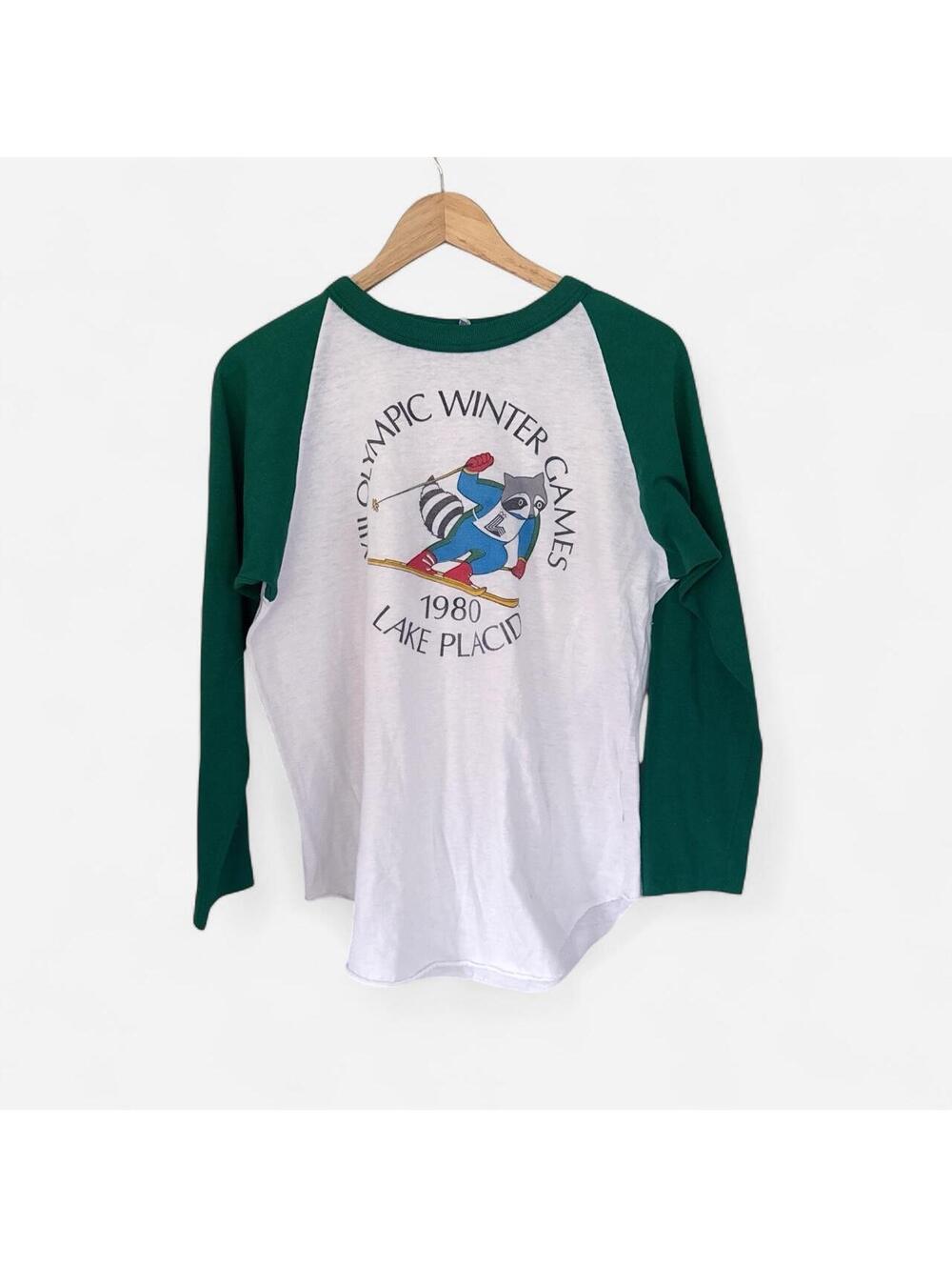 Vintage 1980 Lake Placid Olympic Winter Games Raglan Tee Green